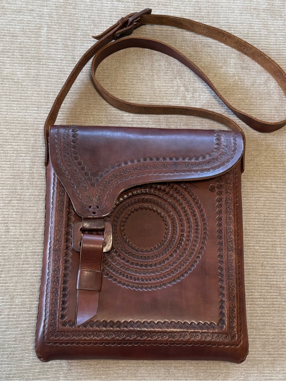 Handcrafted Brown Genuine Tooled Leather Crossbody Messenger Bag